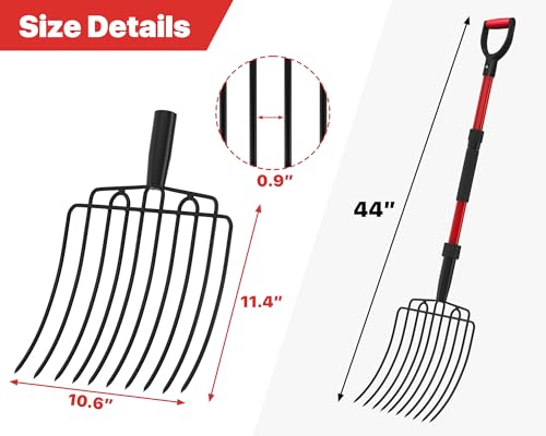 COSITA Pitch Fork for Garden, Wide Pitchfork with 10 Metal Tines, Heavy Duty Garden Fork with Fiberglass Handle 44-Inches, Chicken Coop Pitchforks for Manure, Mulching, Composting, Red