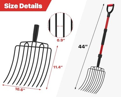COSITA Pitch Fork for Garden, Wide Pitchfork with 10 Metal Tines, Heavy Duty Garden Fork with Fiberglass Handle 44-Inches, Chicken Coop Pitchforks for Manure, Mulching, Composting, Red