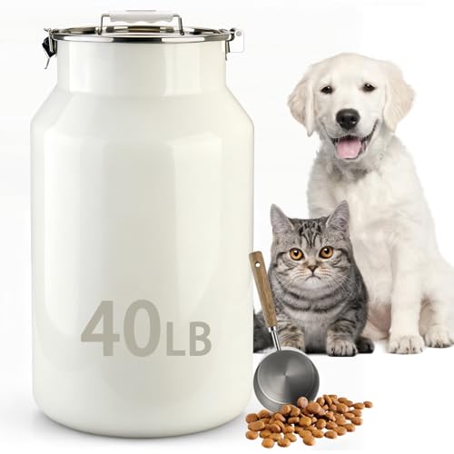Dog-Cat Food Storage Container 40 lb, Large Stainless Steel Bin | 38 Qt 304 stainless steel bin holds up to 40 lb of dry pet food; silicone-sealed airtight lid; 1-cup wood-handled scoop. - size: 38 Qt