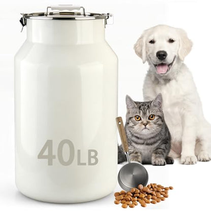 Dog-Cat Food Storage Container 40 lb, Large Stainless Steel Bin | 38 Qt 304 stainless steel bin holds up to 40 lb of dry pet food; silicone-sealed airtight lid; 1-cup wood-handled scoop. - size: 38 Qt