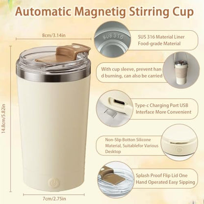 Self Stirring Mug with Lid, 13.5oz Magnetic Stirring Coffee Cup, Rechargeable 316 Stainless Steel, Auto-Mixing for Coffee, Milk, Protein Powder（Beige） - color: Beige