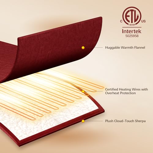 Electric Heated Throw Blanket Red, Flannel Sherpa, Gift for Women - color: 04 - Red, size: Throw - 50" x 60"
