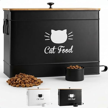 Metal Cat Food Container with Scoop, 15lb (50 Cup) w/ Airtight Bamboo Lid - color: Black