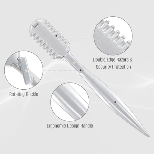 FEISIER Aluminum Double-Edge Hair Thinning Razor Comb with 10pcs Blades,Hair Texturizing Cutting Razor Comb for Thin and Thick Hair Trimming and Styling