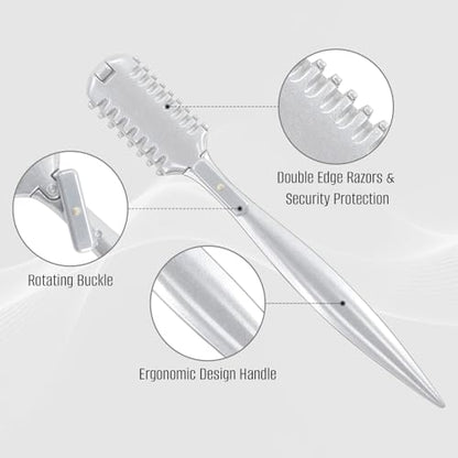 FEISIER Aluminum Double-Edge Hair Thinning Razor Comb with 10pcs Blades,Hair Texturizing Cutting Razor Comb for Thin and Thick Hair Trimming and Styling