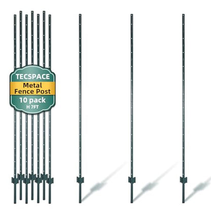 TECSPACE Metal Fence Post, 7 ft Heavy Duty U-Post with Anchor Plate and Adjustable Tabs, Rust-Proof Steel Stakes for Garden, Farm, Lawn, 10 Pack (7 Feet) - size: 7 FT 10PCS