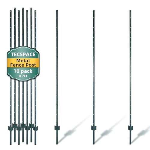 TECSPACE Metal Fence Post, 7 ft Heavy Duty U-Post with Anchor Plate and Adjustable Tabs, Rust-Proof Steel Stakes for Garden, Farm, Lawn, 10 Pack (7 Feet) - size: 7 FT 10PCS