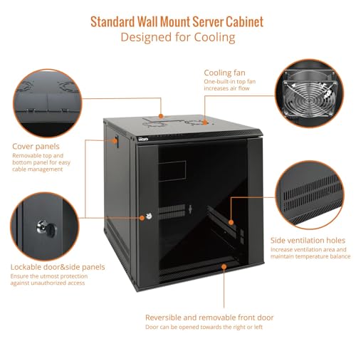 Tecmojo 12U Wall Mount Server Cabinet IT Network Rack Enclosure Lockable Door and Side Panels Black,Cooling Fan,Glass Door,17.7inch Depth,for 19” IT Equipment,A/V Devices - size: 12U/Glass Door/Black