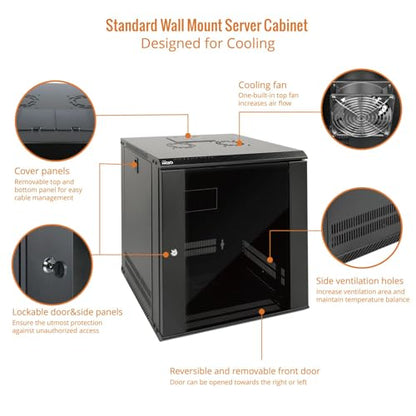 Tecmojo 12U Wall Mount Server Cabinet IT Network Rack Enclosure Lockable Door and Side Panels Black,Cooling Fan,Glass Door,17.7inch Depth,for 19” IT Equipment,A/V Devices - size: 12U/Glass Door/Black