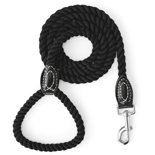 Mile High Life Dog Leash Braided Cotton Rope with Leather-Reinforced Ends - color: Black, size: 48 Inch-1/2"