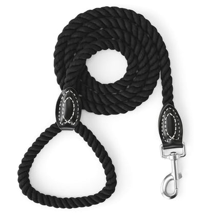 Mile High Life Dog Leash Braided Cotton Rope with Leather-Reinforced Ends - color: Black, size: 60 Inch-1/2"