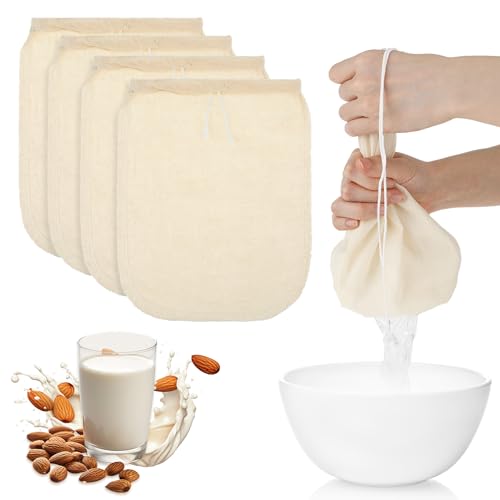 WLLHYF 4 Pack Cotton Nut Milk Bag 8 × 6 Inches Fine Mesh Cheese Cloth Multiple Usage Reusable Food Strainer Professional Cold Brew Filter for Straining Juice Coffee Yogurt Tea (Cotton, 8×6 In) | Cotton, Multiple Usage, Reusable Food Strainer, Professional