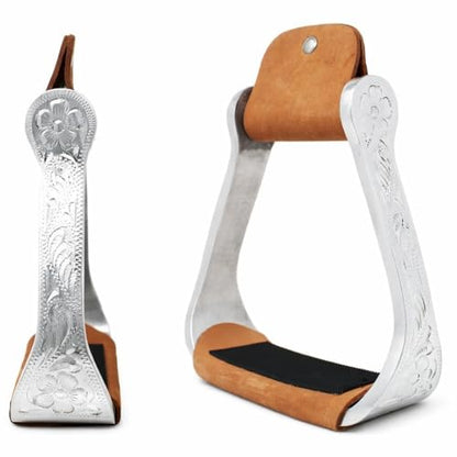 CHALLENGER Horse Saddle Engraved Aluminum Western Riding Barrel Stirrups Tan Leather 51156