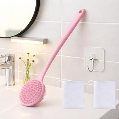 Silicone Body Scrubber for Shower Men Women – Dual-Sided Exfoliating & Massage Shower Brush with Long Handle, Creates Rich Lather, Includes 1 Hook & 2 Lather Balls (Pink). - color: Pink