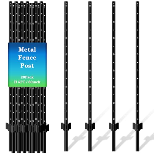 20 Pack Metal Fence Post, 5FT Heavy Duty U-Post for Wire Fence, No Dig T Posts Garden Fencing Stakes for Temporary Fencing, Electric Fence Wire, Corner Anchor - size: 5FT-20P