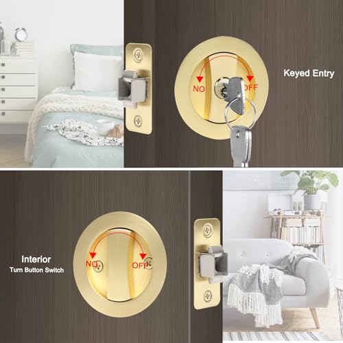 Dontay Pocket Door Keyed Lock, Round Contemporary Entrance Sliding Barn Door Lock Latch, Recessed 2 Sided, 2-3/8 inch Backset, Flush Handles Hardware(Satin Brass,2) - color: Satin Brass
