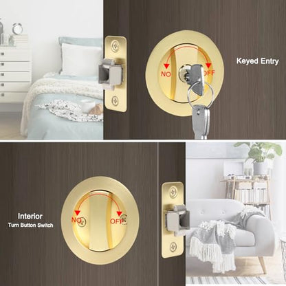 Dontay Pocket Door Keyed Lock, Round Contemporary Entrance Sliding Barn Door Lock Latch, Recessed 2 Sided, 2-3/8 inch Backset, Flush Handles Hardware(Satin Brass,2) - color: Satin Brass