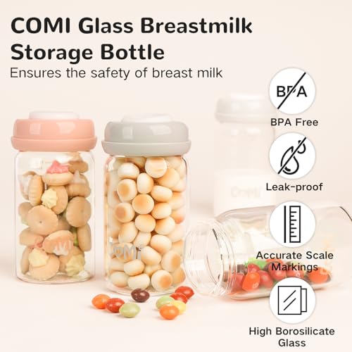 COMI Natural Glass Baby Bottle,Breastmilk Storage Bottle for Fridge,Wide Neck Breast Milk Container with Dome Cap,Fits Breast Pumps & Nipples,BPA Free,4PCS (6oz,4 Gray Lids) - style: 4Gray