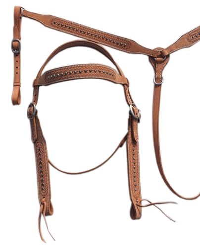 Leather Browband Headstall & Breastcollar Set Handcrafted Horse Riding Combo Stainless Steel Buckle Luxurious Horse Headstalls (Brown)