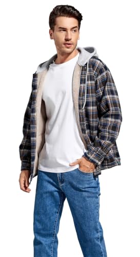 Men's Cotton Plaid Shirt Jacket Fleece Flannel Sherpa Button Down - color: Dark Blue, size: Small