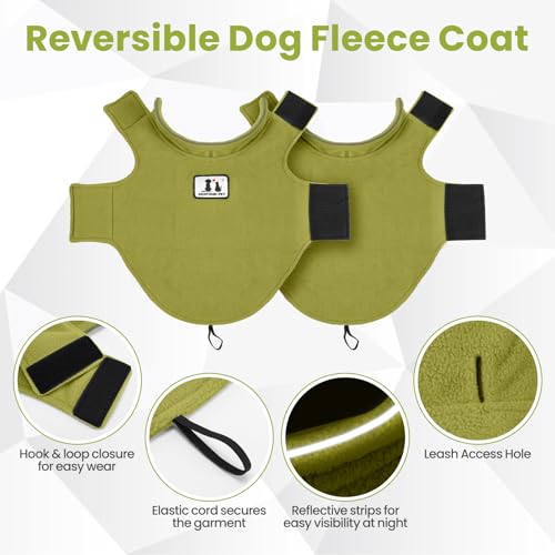 DENTRUN Reversible Dog Winter Coat, Windproof Polar Fleece Reflective Vest | Hook & loop easy on/off, sleeveless, XS-XXXL for all breeds, warm reversible vest. - color: Green, size: X-Small