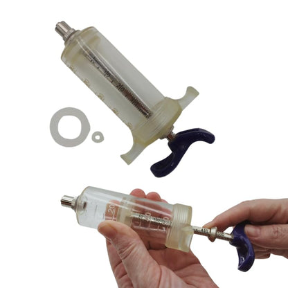 Reusable Veterinary Syringe with Dose Nut (50cc) – Durable Plastic Barrel - size: 50cc