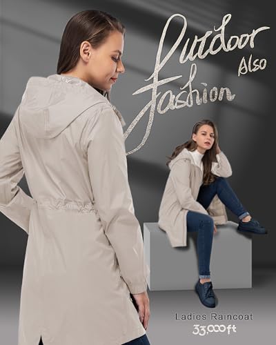 33,000ft Women's Waterproof Long Rain Coats Packable Rain Jacket with Hood - color: Beige, size: Medium