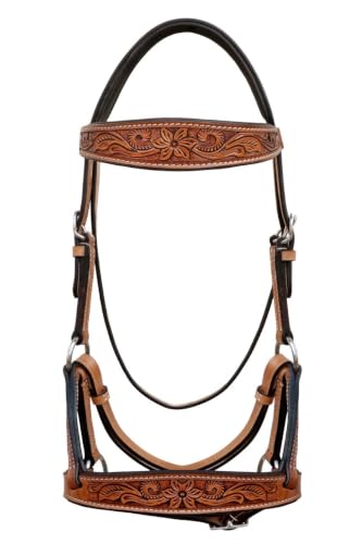 Horse Western Tan Leather Padded Bitless Training Sidepull Bridle Reins - color: Tan Antique Floral