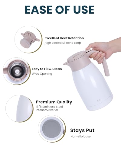 GiNT 50.7 Ounces Stainless Steel Thermal Coffee Carafe with Lid/Double Walled Vacuum Thermal Carafe / 12 Hour Heat Retention (White, 1.5L) - color: White, size: 50.7 Ounces