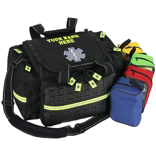 Lightning X Personalized EMT Trauma Bag – Large ALS Medical Bag with 6 Color-Coded Pouches, MOLLE Panel, Waterproof Bottom, Reflective EMS Gear, Custom Embroidered Name or Logo | LXMB35 - color: Black