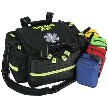 Lightning X Personalized EMT Trauma Bag – Large ALS Medical Bag with 6 Color-Coded Pouches, MOLLE Panel, Waterproof Bottom, Reflective EMS Gear, Custom Embroidered Name or Logo | LXMB35 - color: Black