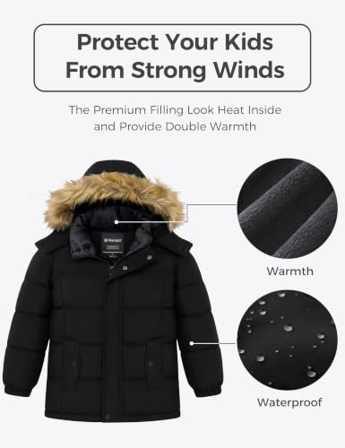 wantdo Boy's Winter Puffer Coats Thick Warm Snow Jacekets Detachable Hood | Removable Faux Fur, Fleece Lining, Windproof, Machine Washable - color: Black, size: 10-12