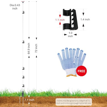 72inch/6ft Fiberglass Electric Fence Posts with Double Spikes for Animals, Garden Protection, etc. - 36 Posts Come with 180 Clips - size: 72" x 36 (180 Clips)
