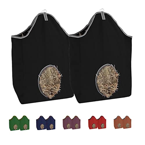 Tahoe Tack Pair of 2 Extra Wide 19" x 12" x 20" Canvas Hay Bags for Horses and Livestock Fits 3-4 Large Flakes of Hay (Black) - color: Black