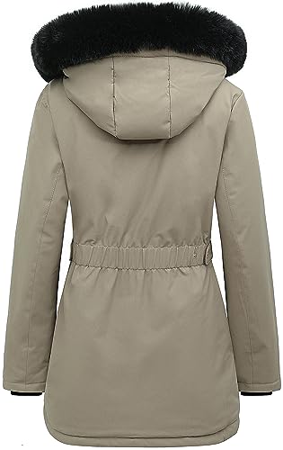 MOERDENG Women's Long Winter Down Coat Thicken Fleece Lined Puffer Jacket | Faux Fur Detachable Hood Parka Warm,Waterproof and Windproof Overcoat - color: Khaki, size: Small