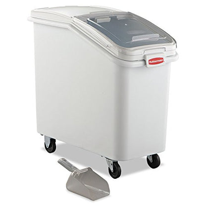 Rubbermaid Commercial Products ProSave Shelf-Storage Ingredient Bin With Scoop 500-Cup capacity Plastic White Sliding Lid Container with Wheels for Kitchen/Restaurant Food Organization - size: 500 Cup