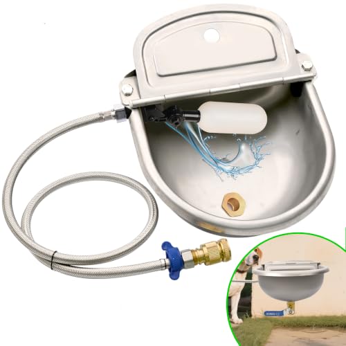 Automatic Dog Water Dispenser with Drain Hole & Drain Valve, Stainless Steel Auto Dog Water Bowl with Float Valve, Hose Quick Connect Fitting, for Livestock, Chicken, Horse (1 Gallon)