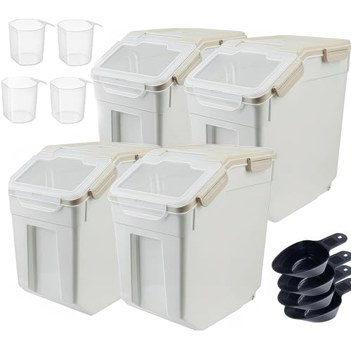 RUIAN 25lb Flour Rice Storage Containers Bin, Large Airtight Storage Container with Wheels Seal Locking Lid, with Measuring Cup&Scoop for Flour, Rice, Grain(Gray 4PCS) - color: Gray 4Pack 25Lb