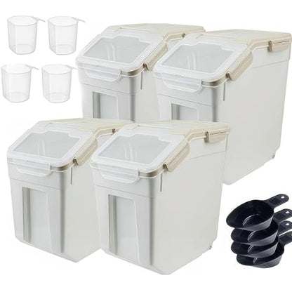 RUIAN 25lb Flour Rice Storage Containers Bin, Large Airtight Storage Container with Wheels Seal Locking Lid, with Measuring Cup&Scoop for Flour, Rice, Grain(Gray 4PCS) - color: Gray 4Pack 25Lb