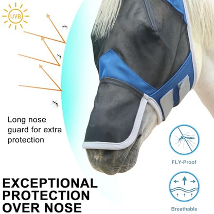 Horse Fly Mask with Ears & Long Nose, Fine Mesh Royal Blue Full - color: Royal Blue, size: Full