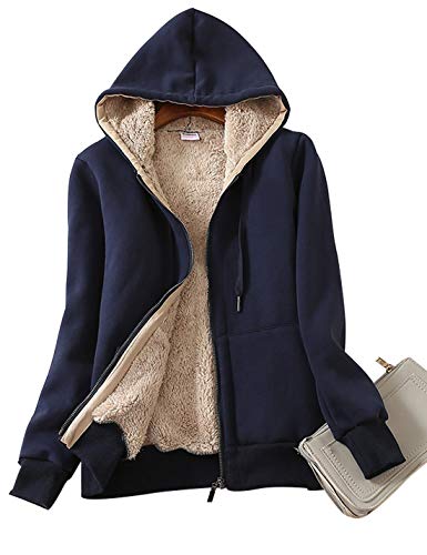 Women’s Casual Full Zip Up Sherpa Lined Hoodie Sweatshirt Jacket Coat - color: Darkblue, size: Medium