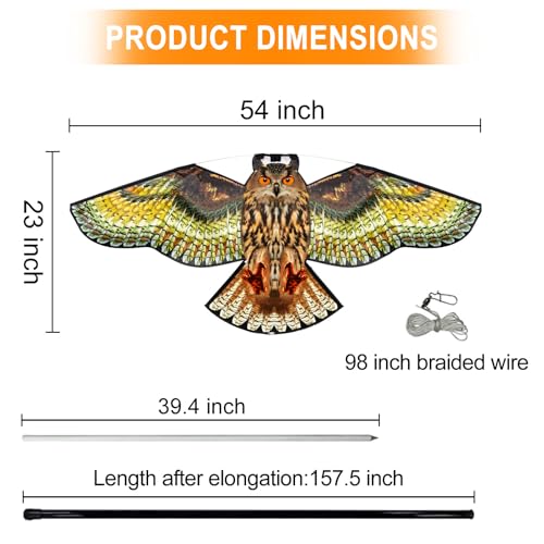 Bird Scarer Kite with 13ft Pole Bird Hawk Flying Kite-Owl Kite | Deterrents for Farms, Gardens and Docks | Keeps Birds, Geese and Seagulls Away | Covers 2150-5380 sq.ft - color: multicoloured