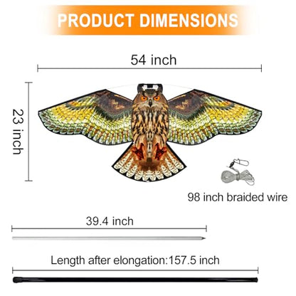 Bird Scarer Kite with 13ft Pole Bird Hawk Flying Kite-Owl Kite | Deterrents for Farms, Gardens and Docks | Keeps Birds, Geese and Seagulls Away | Covers 2150-5380 sq.ft - color: multicoloured