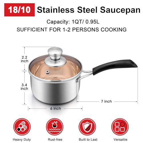 1QT Saucepan with Lid, Joyfair 18/10 Stainless Steel Small Sauce Pan Pot | Kitchen Cookware Milk Pot with Glass Lid for Cooking Stewing Boiling Spaghetti Soup, Heat-proof Handle, Dishwasher Safe - size: 1 Quarts