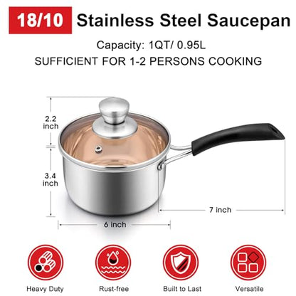 1QT Saucepan with Lid, Joyfair 18/10 Stainless Steel Small Sauce Pan Pot | Kitchen Cookware Milk Pot with Glass Lid for Cooking Stewing Boiling Spaghetti Soup, Heat-proof Handle, Dishwasher Safe - size: 1 Quarts