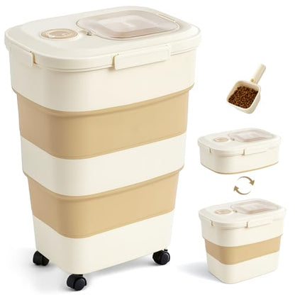 ZOMISIA 40-50lbs Collapsible Dog Food Storage Container with Wheels, Khaki - color: Khaki