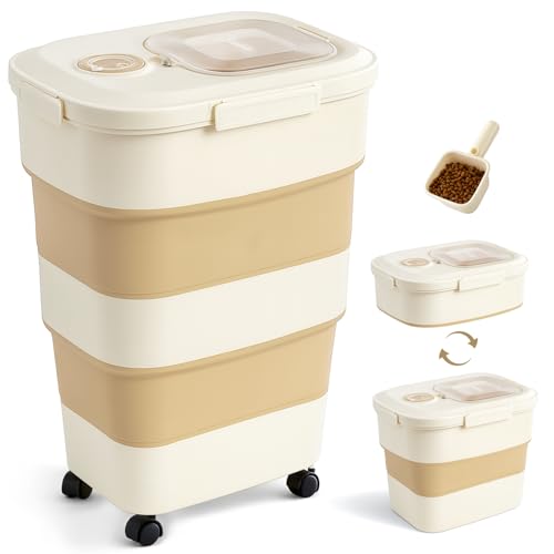ZOMISIA 40-50lbs Collapsible Dog Food Storage Container with Wheels, Khaki - color: Khaki