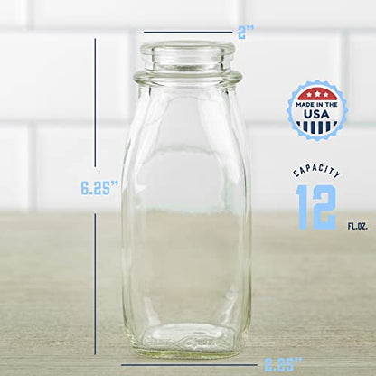 kitchentoolz Glass Creamer Bottle 12 Oz Square Glass Milk Bottle with Lids- Glass Bottles with Lids - Milk Container for Refrigerator - 12 Ounce Milk Bottle with Lid and Pour Spout