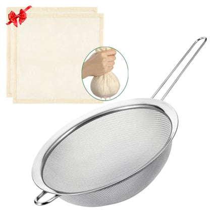 Large Fine Mesh Strainer, 8.7” Stainless Steel Strainers with Handle, Bonus 20x20 Inch Reusable Unbleached Cotton Cheese Cloths with 4 Hemmed Edges, Sieve Sifter for Straining, Cooking, Baking