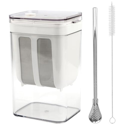 1100ml Greek Yogurt Maker & Strainer with Straw Spoon, Brush & Mesh Bag | 1.16Qt Multiuse strainer with fine mesh bag & lid. Makes yogurt, nut milk, juice, kefir & tofu. Straw spoon & brush included. - size: 1100ML